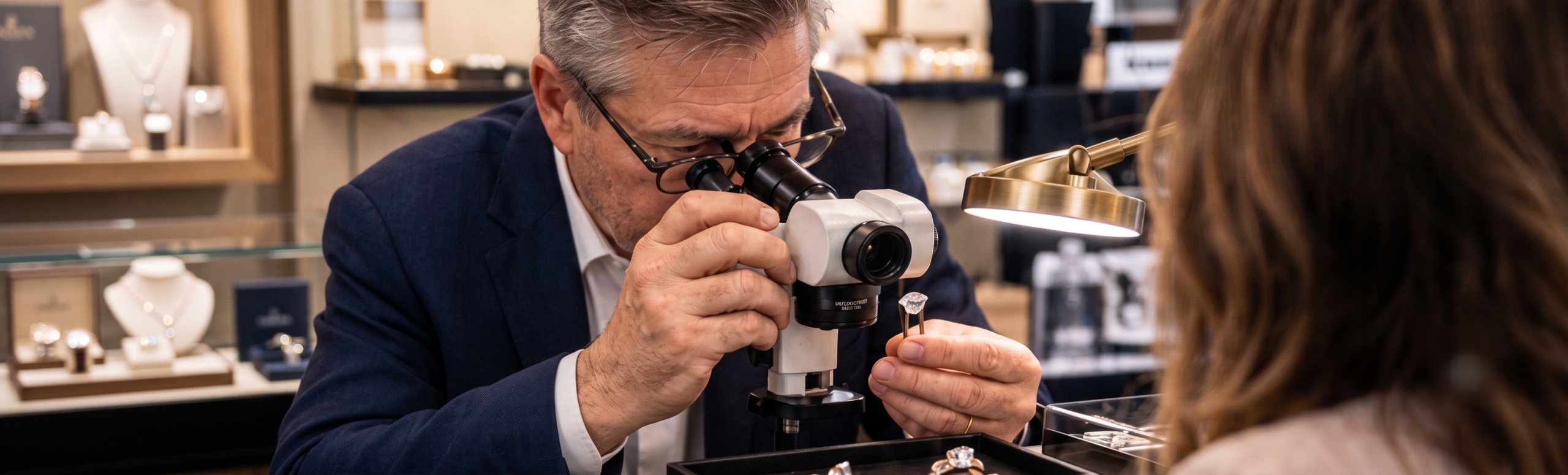 MCD Jewellery buyer examining a diamond ring through a loupe
