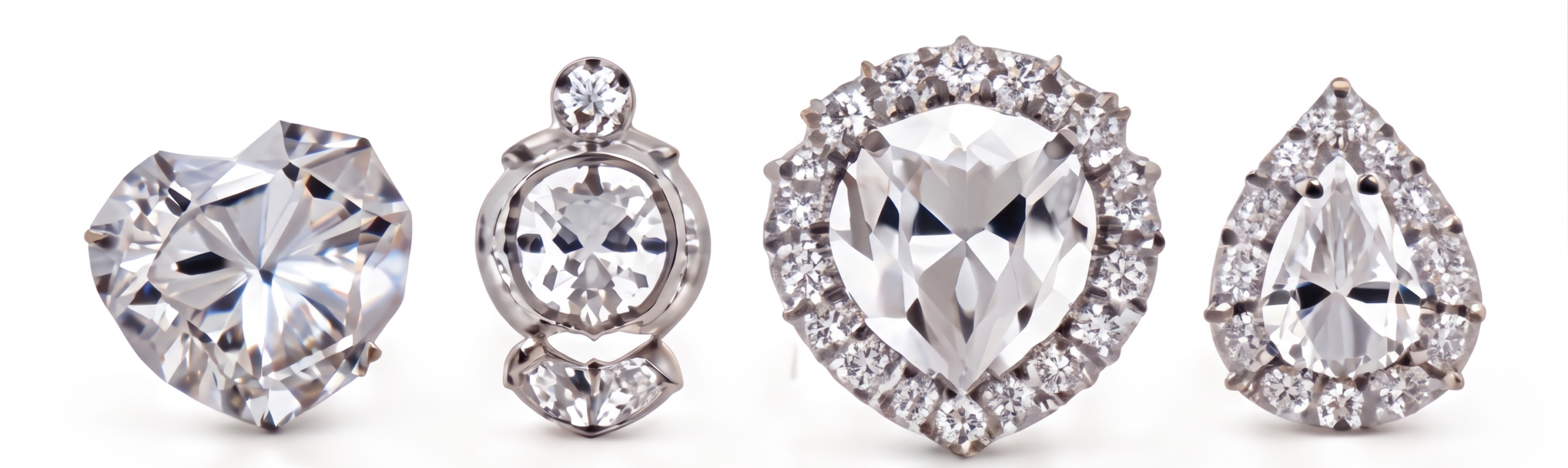 Diamond jewellery in heart, princess, round and pear halo settings