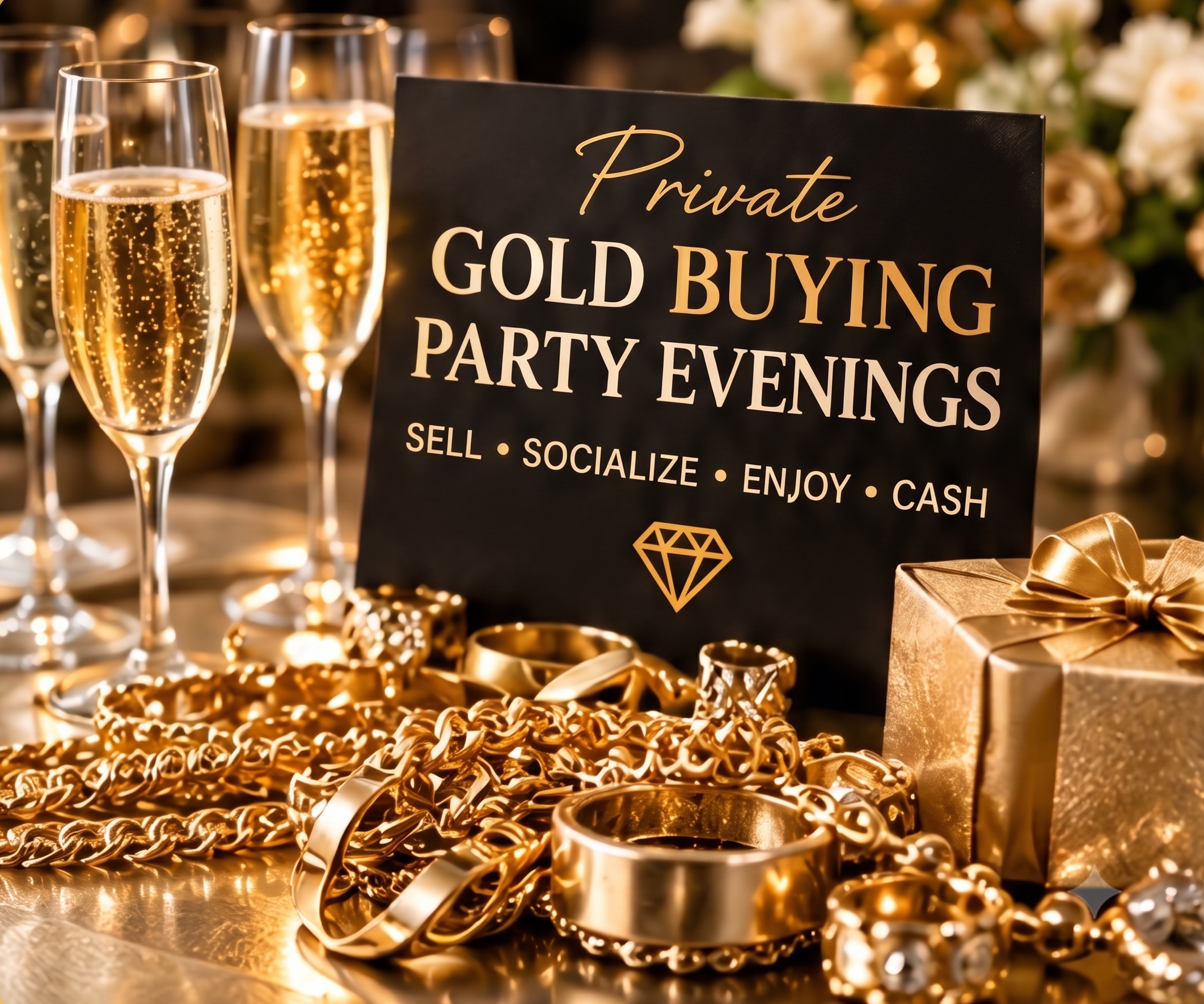 Private Gold Buying Party Evenings - champagne and gold jewellery